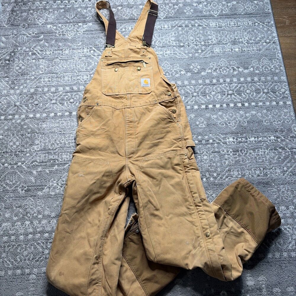 Carhartt Overalls Mens 36x34 Brown Distressed Canvas Insulated Workwear R41BRN